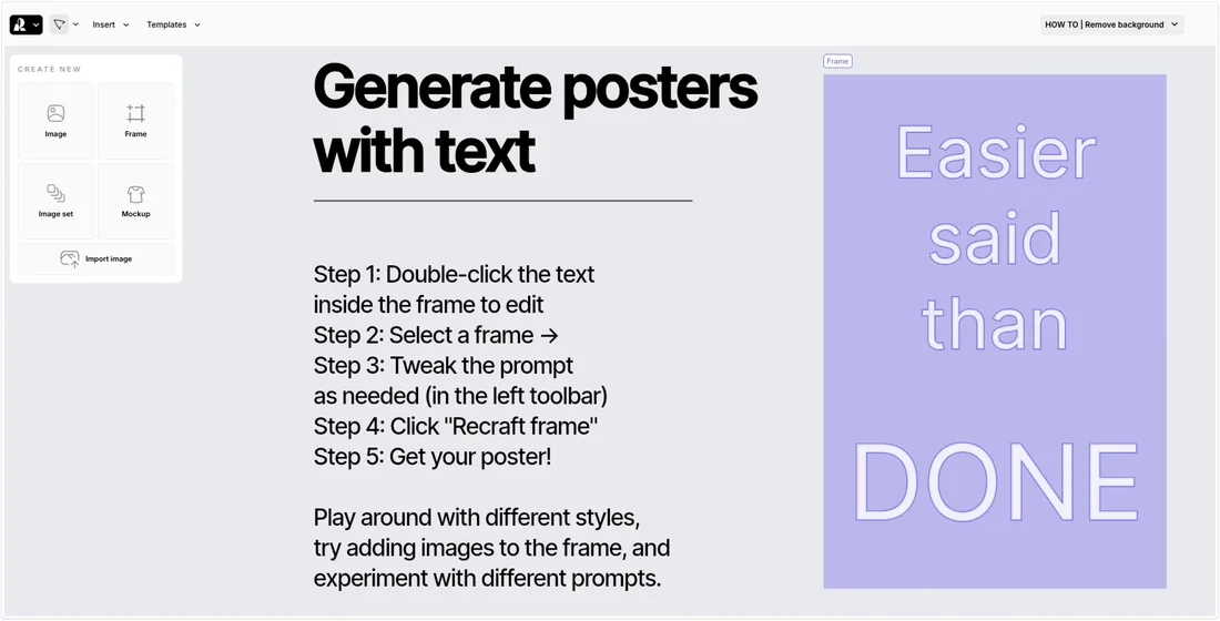 A template in the editor: “Generate posters with text”, in five steps.