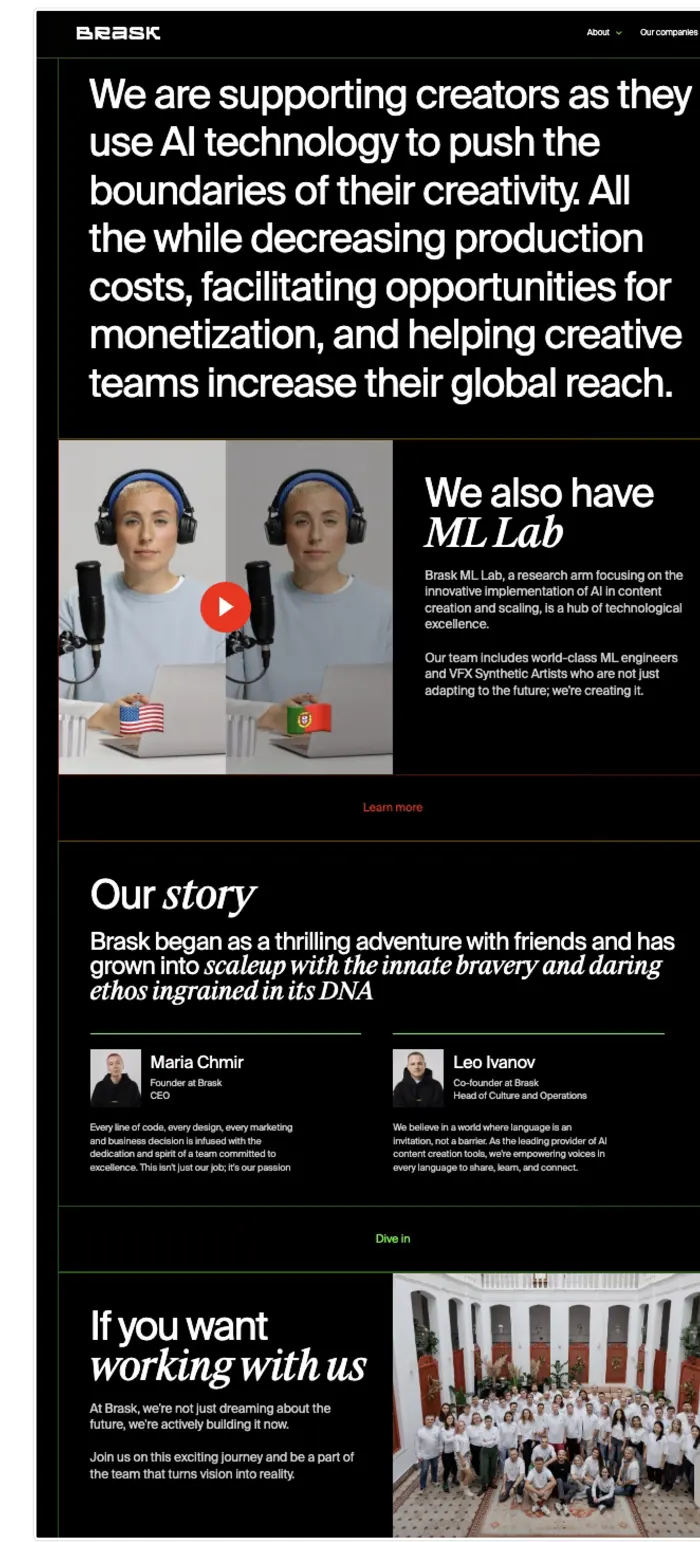 Brask company page with ML Lab and Our story