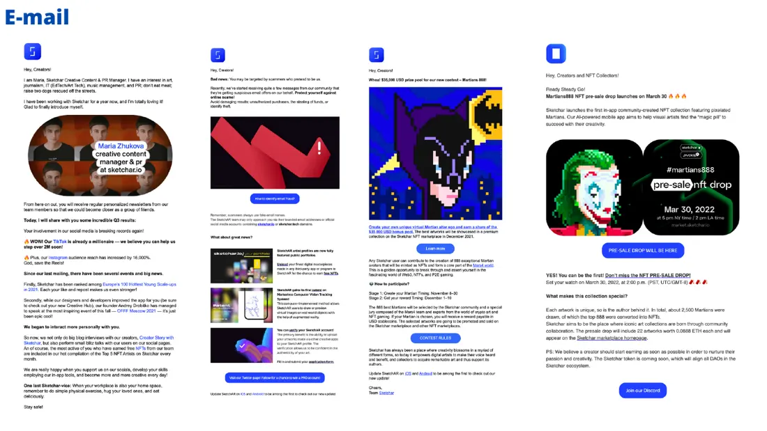Four Sketchar emails: a personal newsletter from Maria, a scam warning, a $35,000 contest, the Martians888 pre-sale