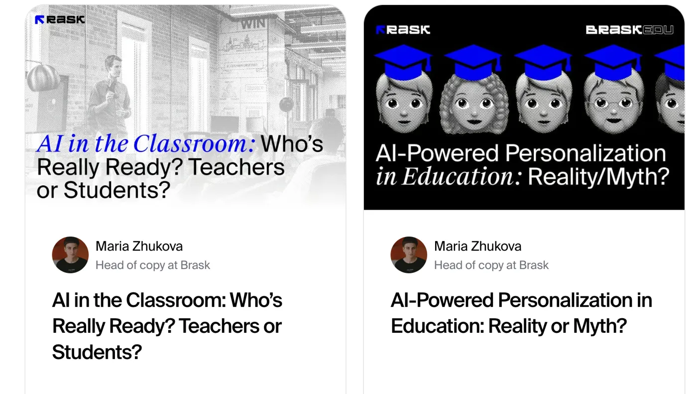 Rask AI blog cards for AI in the Classroom and AI-Powered Personalization in Education, both bylined Maria Zhukova, Head of copy at Brask