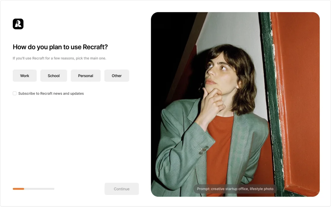 Onboarding: “How do you plan to use Recraft?”