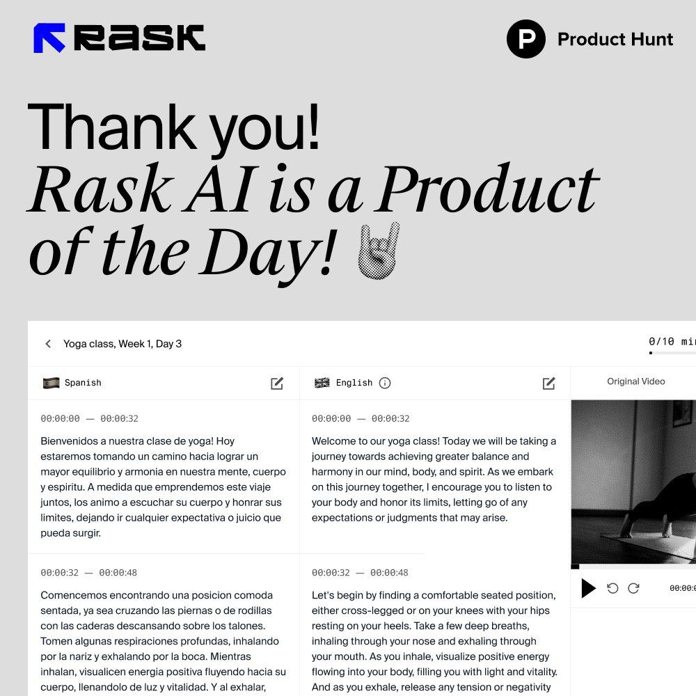Rask AI: Thank you, Rask AI is a Product of the Day on Product Hunt