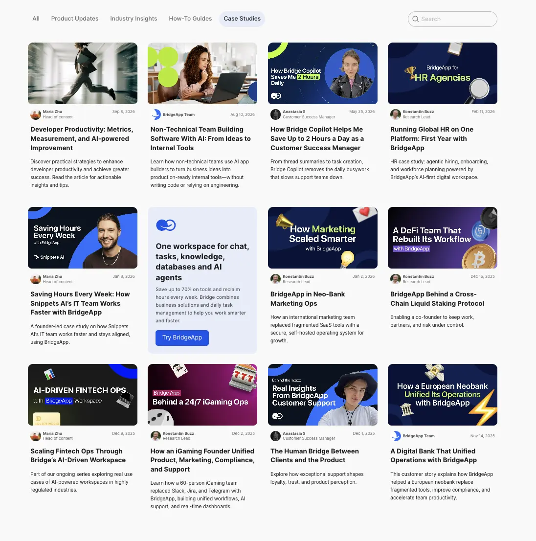 Grid of BridgeApp case studies: HR agencies, neobank, iGaming, DeFi, Snippets AI