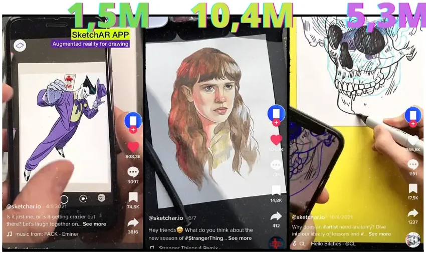 Three viral Sketchar TikToks with 1.5M, 10.4M and 5.3M views