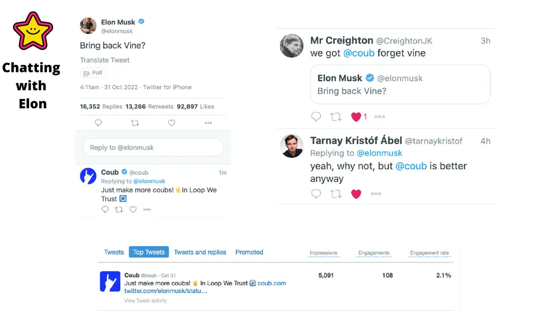 Coub replies to Elon Musk’s “Bring back Vine?” tweet