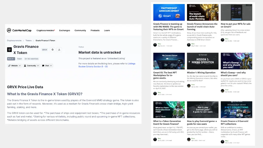 Medium articles and the token listing.